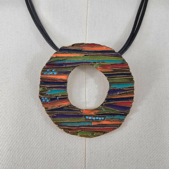 Chicos Multicolor Enamel Circle Corded Pendant Necklace - Picture 3 of 7